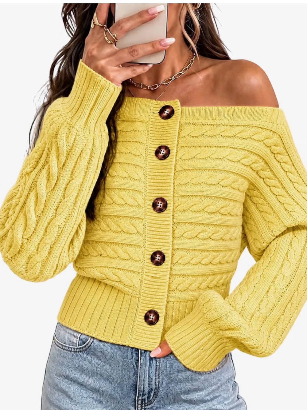 Off-Shoulder Cable-Knit Button Cardigan - Yellow